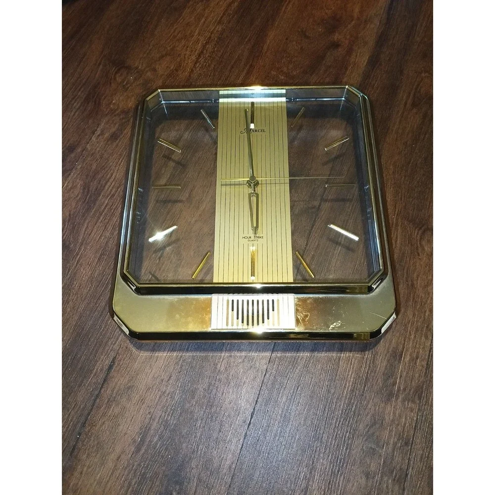 Vtg Marcel Hour Strike Quartz Clock Gold Clear Plastic Wall 1980s MCM Tested